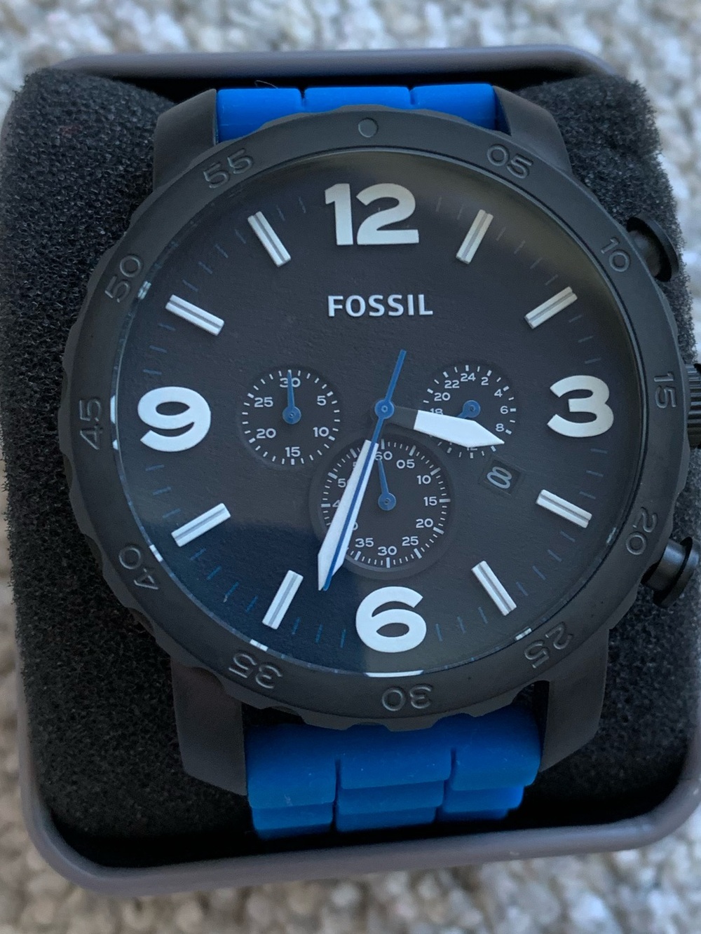 Fossil Nate Men’s watch JR1426, Black Dial Watch with Blue Silicone Strap